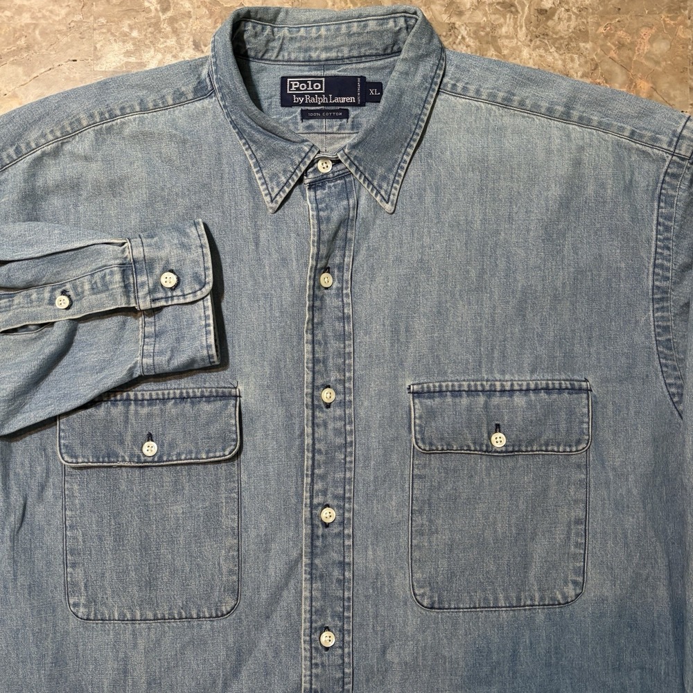 Polo Ralph Lauren Shirt Mens XL Blue Denim Long Sleeve Workshirt Pockets Vintage
